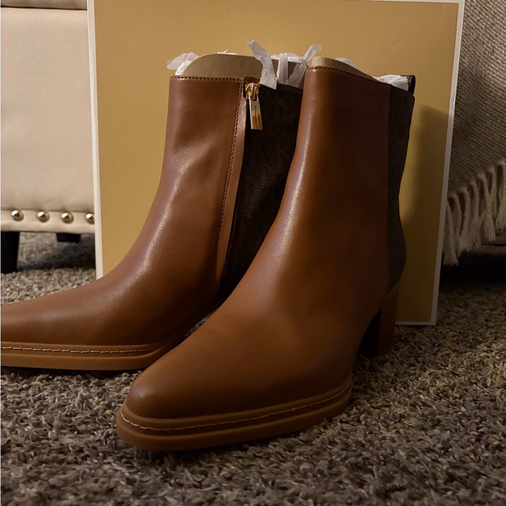 Michael Kors Cognac Leather Ankle Booties with Side Zip